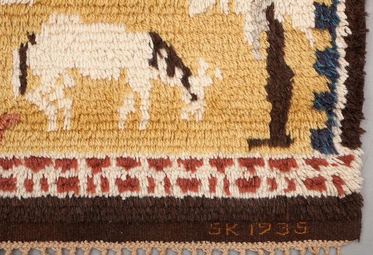 RUG. Knotted pile. 201 x 116,5 cm. Signed SK 1935, Sweden.