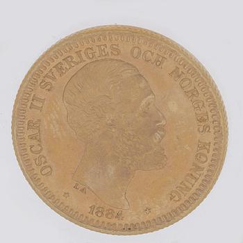 A gold coin, 20 swedish kronor, 1884, weight c 9 g.