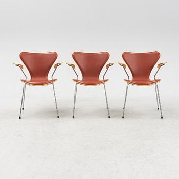 Arne Jacobsen, a set of three model 'Seven' chairs, Fritz Hansen, Denmark, dated 2001.