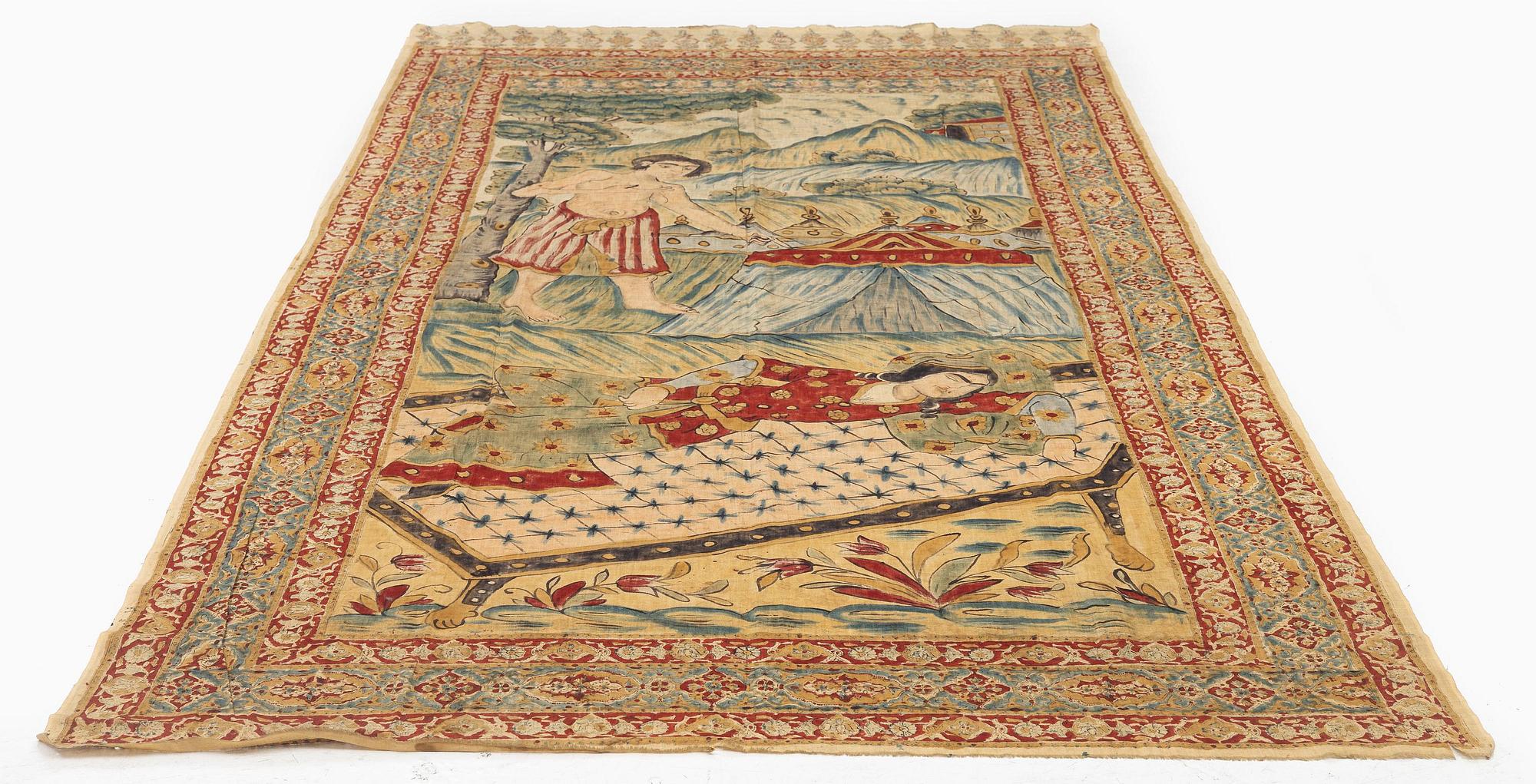 A pictoral painted textile panel (Kalamkari),  Isfahan, late Qajar dynasty (1789-1925), c. 242 x 119 cm.