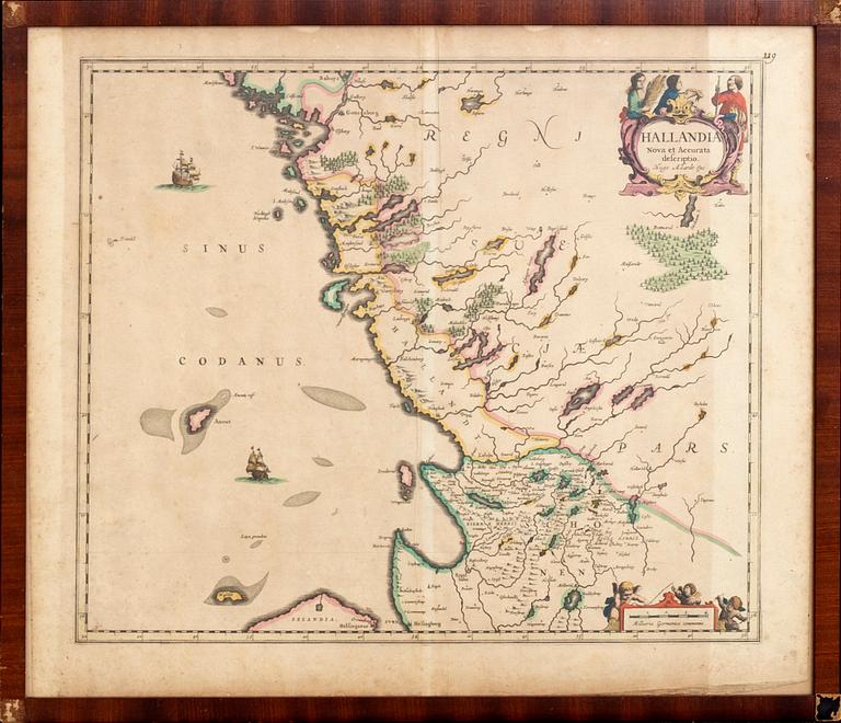 HUGO ALLARDT - MAP, Halland Sweden, hand colored engraving, 17th / 18th century.
