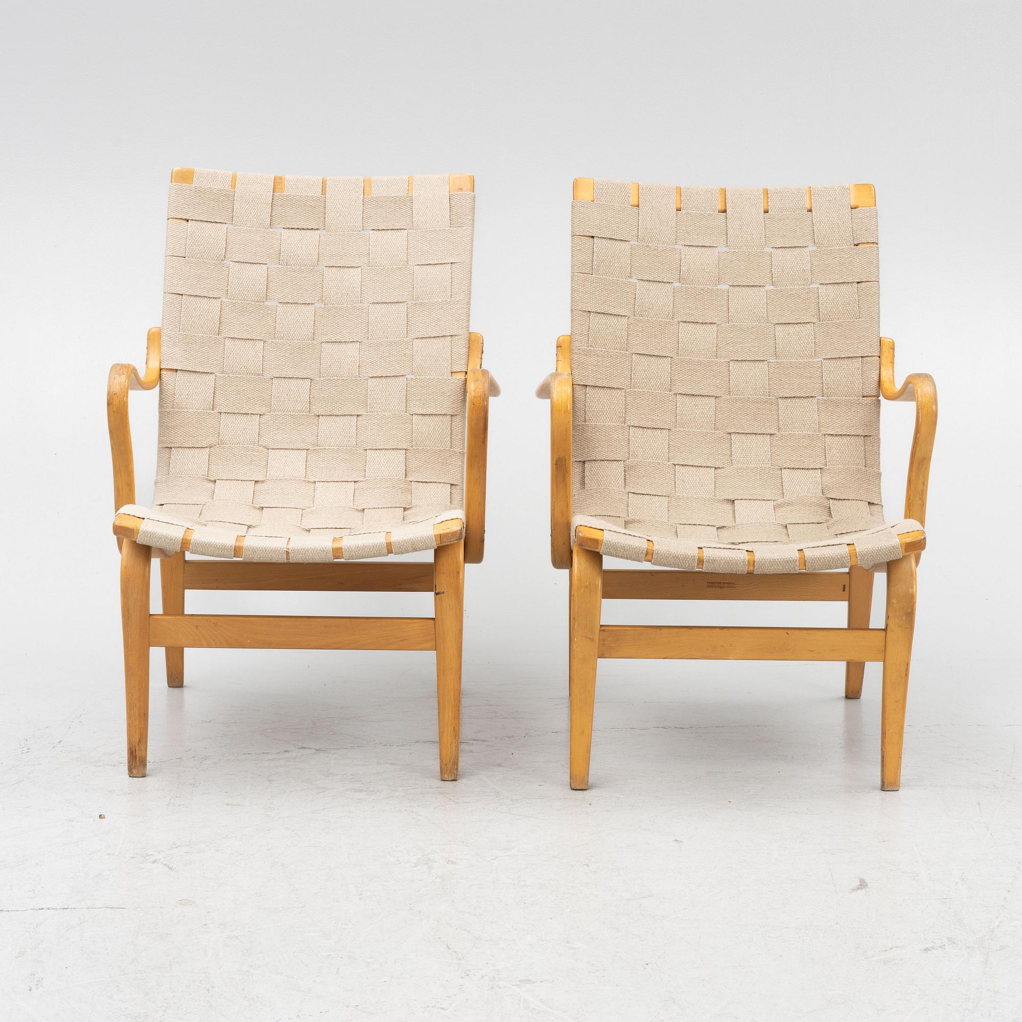 Bruno Mathsson, a pair of 'Eva' armchairs, Karl Mathsson Värnamo 1961 and 1962.