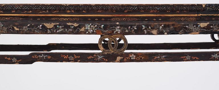 A  Chinese black lacquered altar table with mother of pearl inlay, 17th /18th Century.