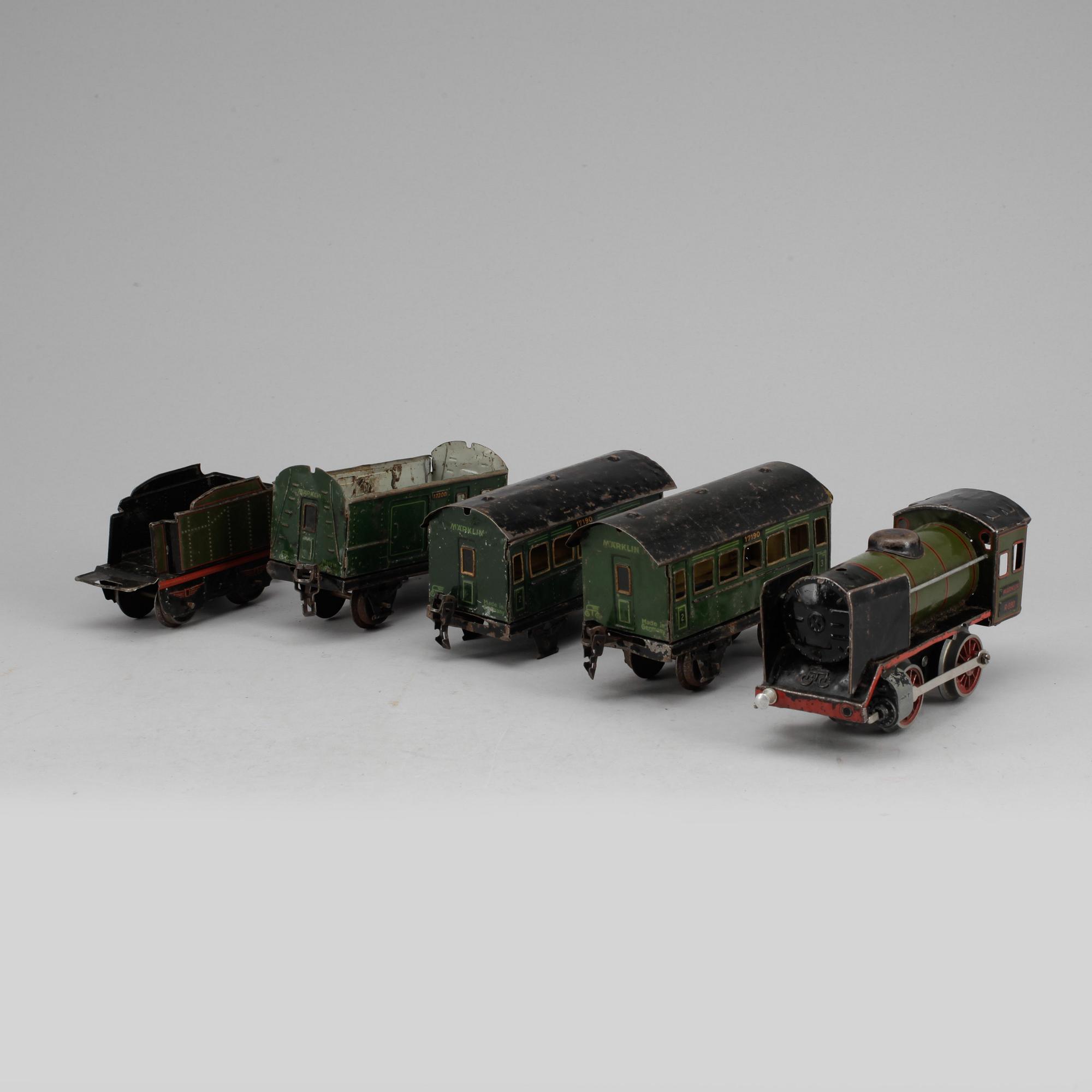 TÅGSET, 4 delar + räls, Märklin, 1900-talets första hälft.