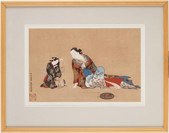 OKUMURA MASANOBU (1686-1764), after, two color woodblock prints. Japan, ca 1900.