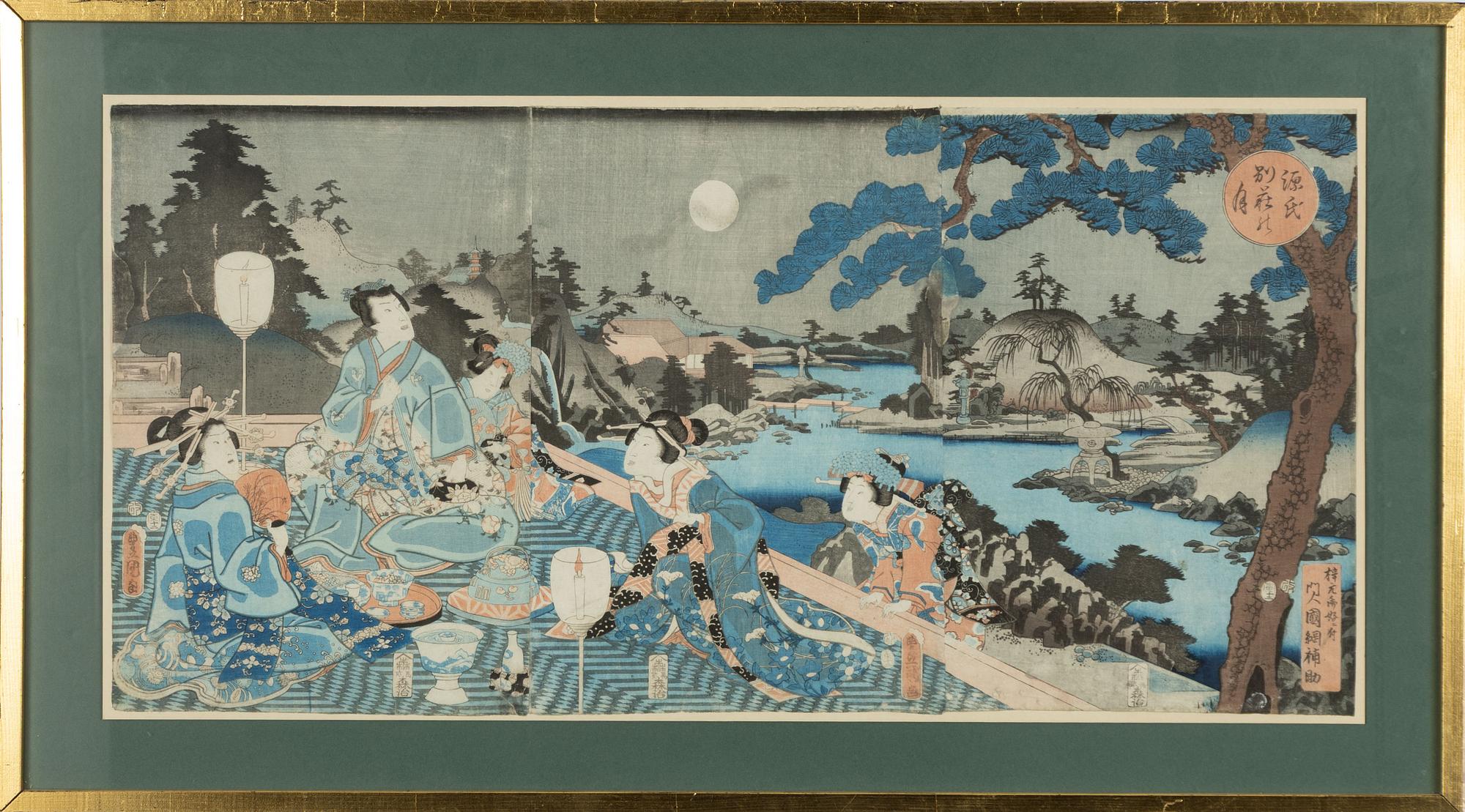 Utagawa Kunisada och Utagawa Kuniyoshi, träsnitt (triptyk resp diptyk).