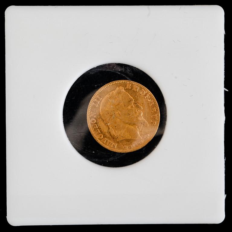 GULDMYNT, fem francs, Napoleon III, 1867. Vikt ca 1 gram.