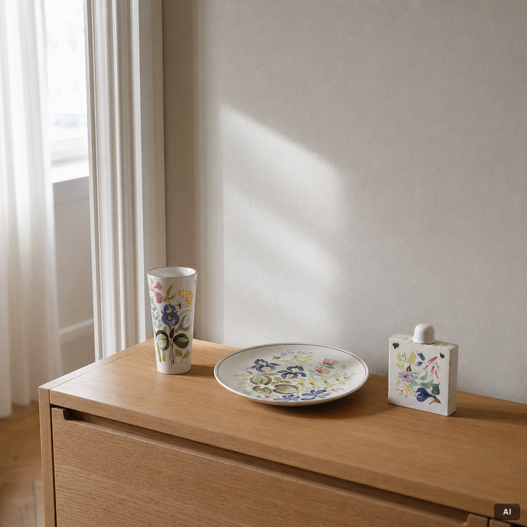 Stig Lindberg, A faience dish, vase and tea caddy, faience, Gustavsberg Studio.