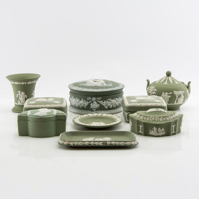 A collection of boxes, plates, and a vase 9 dlr mostly Wedgwood England 20th century jasperware.