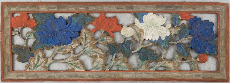 Two Japanese curtains and a wooden panel, 20th Century.