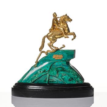 A malachite and gilt bronze sculpture of Peter the Great on horseback after Falconet, 19th century.