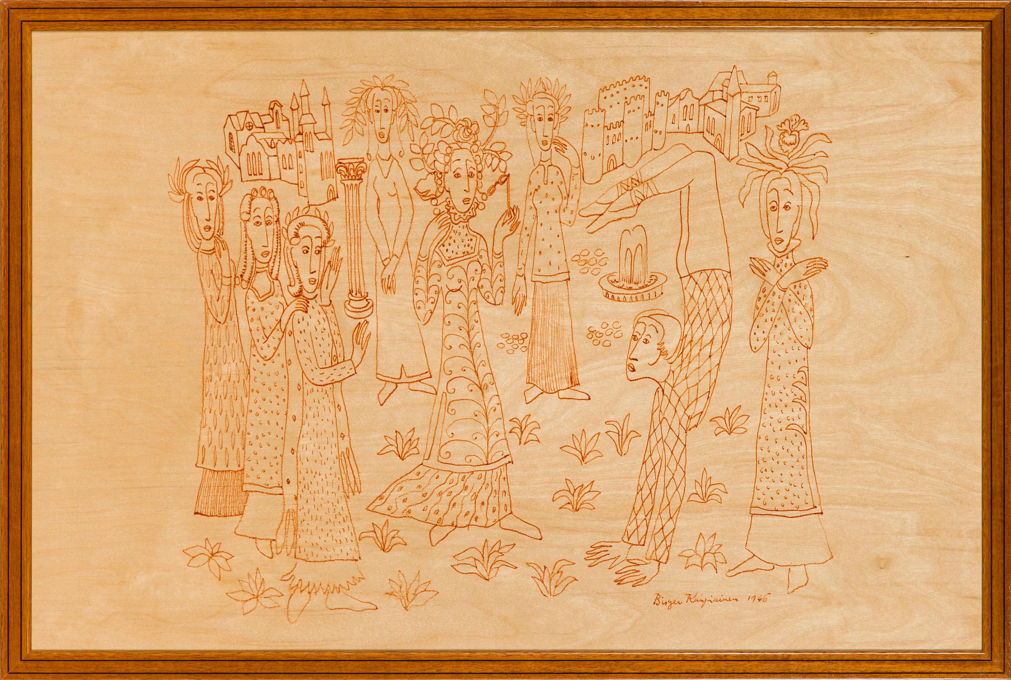 Birger Kaipiainen, teckning, tusch på plywood, signerad Birger Kaipiainen -46.