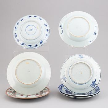 Seven blue and white and famille rose plates, Qing and Ming dynasty, 17-18th century.