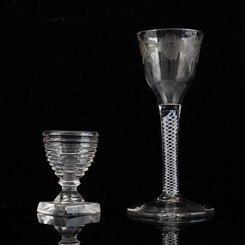 Two glasses, one of the presumably English, 18th Century.