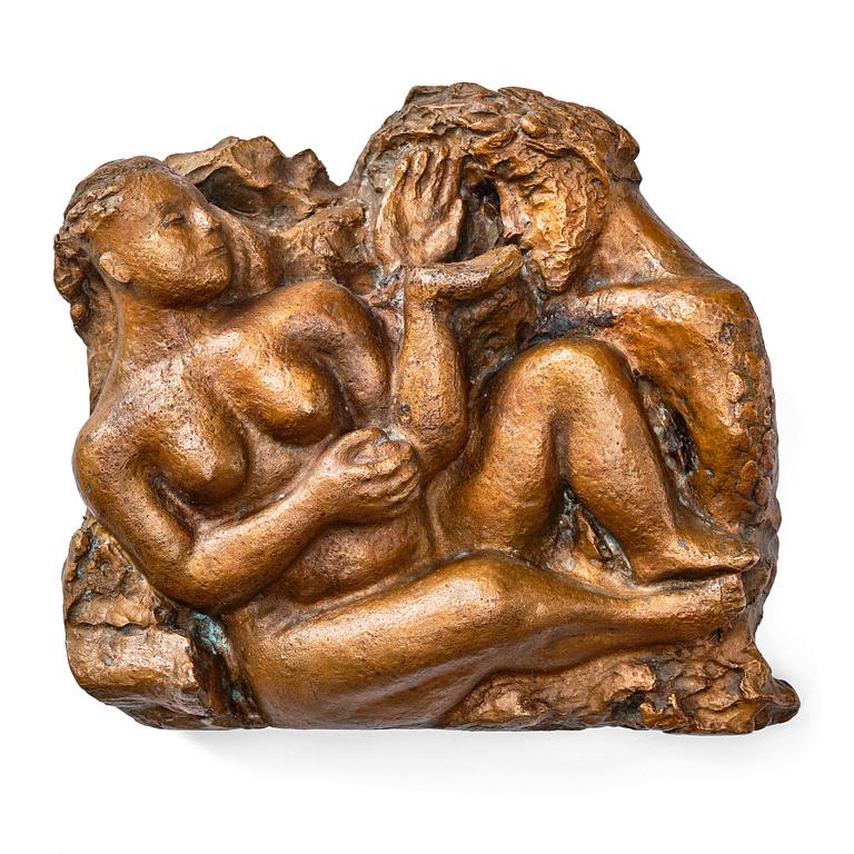 Tyra Lundgren, a bronze relief of a man and a woman, signed and dated 1966.