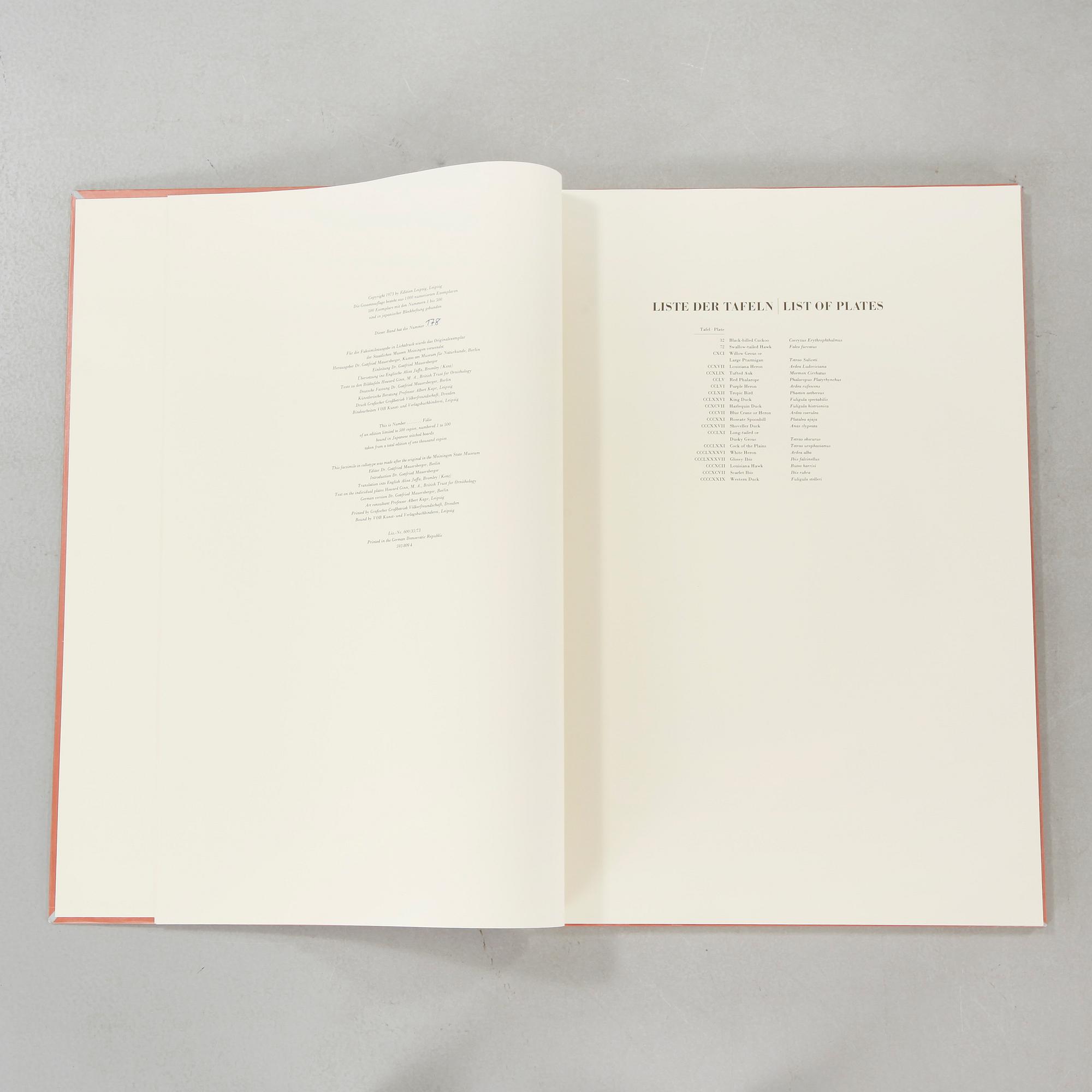 The book "The Birds of America", volume II, by John James Audubon, numbered 178/500, 1973.