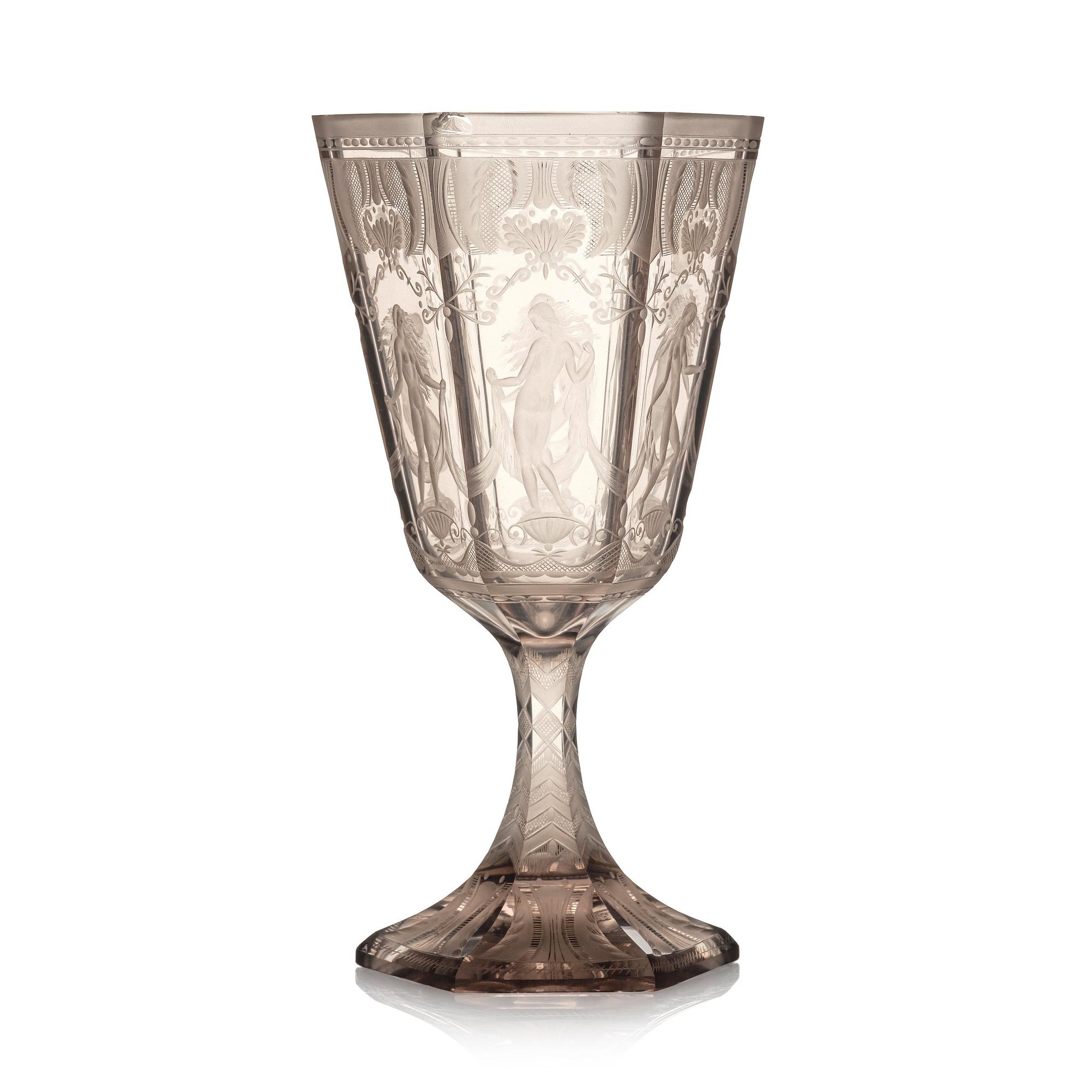 Simon Gate, pokal, graverat glas, "Sex Gracer", Orrefors, 1927.