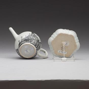 A grisaille 'European Subject' tea pot with cover and stand, Qing dynasty, Qianlong (1736-95).