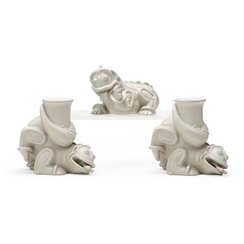 289. Wilhelm Kåge, a set of stoneware figures of a 'dragon puppy' and two 'dragon puppies' with candle holders, Gustavsberg, ca 1940.