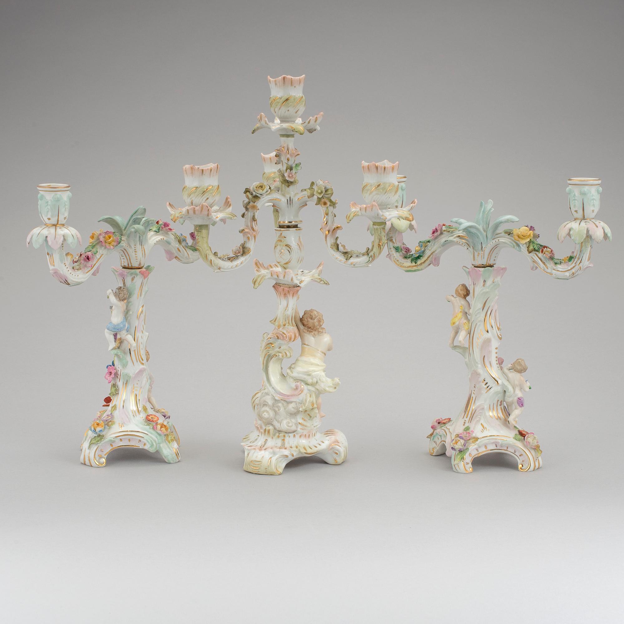 3 porcelain candelabra, Sitzendorf & Dresden, 19th and 20th century.