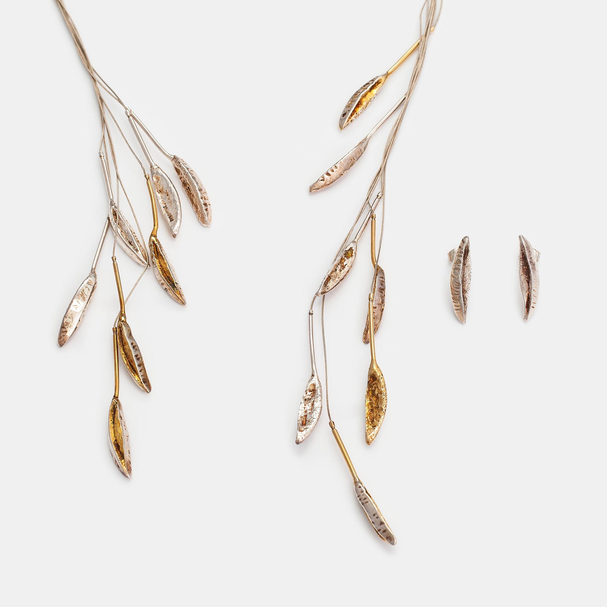 Marja Suna, Halsband och örhängen "Höstlöv", sterlingsilver. Kaunis koru/Kalevala Koru, Helsingfors 1999.