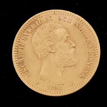 GULDMYNT, 20 Kronor, Oscar II, Sverige-Norge 1898. Vikt ca 8 gram.