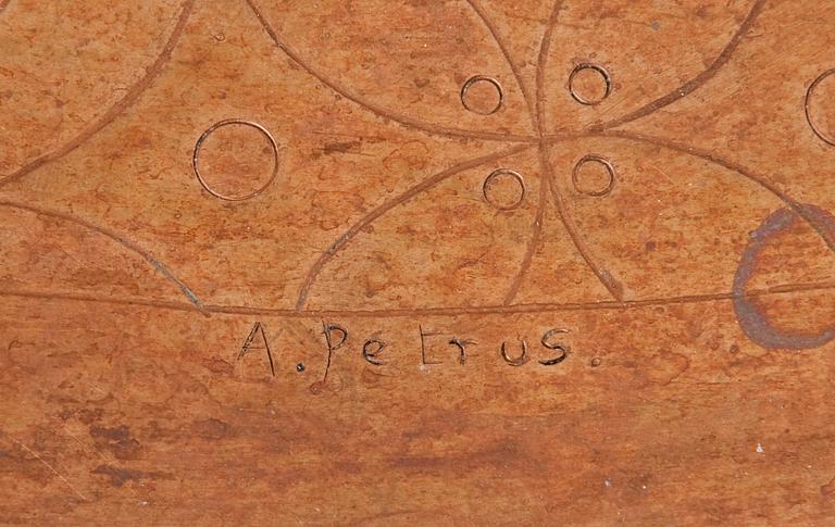 Anna Petrus, a table, Sweden early 1920's. By the artist, sculptured oak with an engraved copper tray.