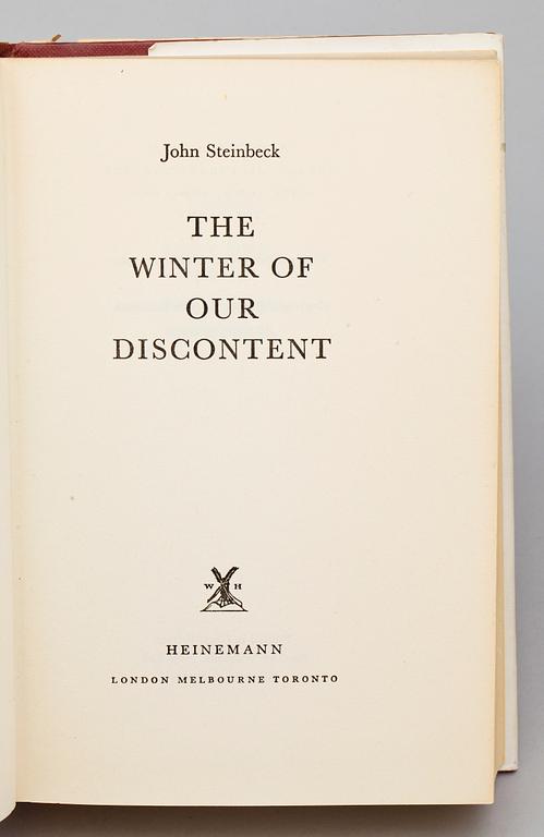 BOK, "The winter of our discontent" av John Steinbeck, första engelska upplagan, Heinemann 1961.