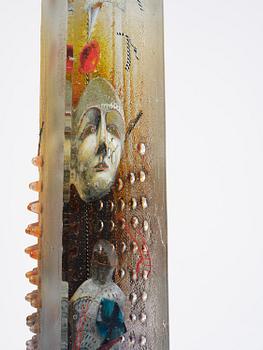 Bertil Vallien, a sand cast glass sculpture of a standing half-boat, Kosta Boda, Sweden.