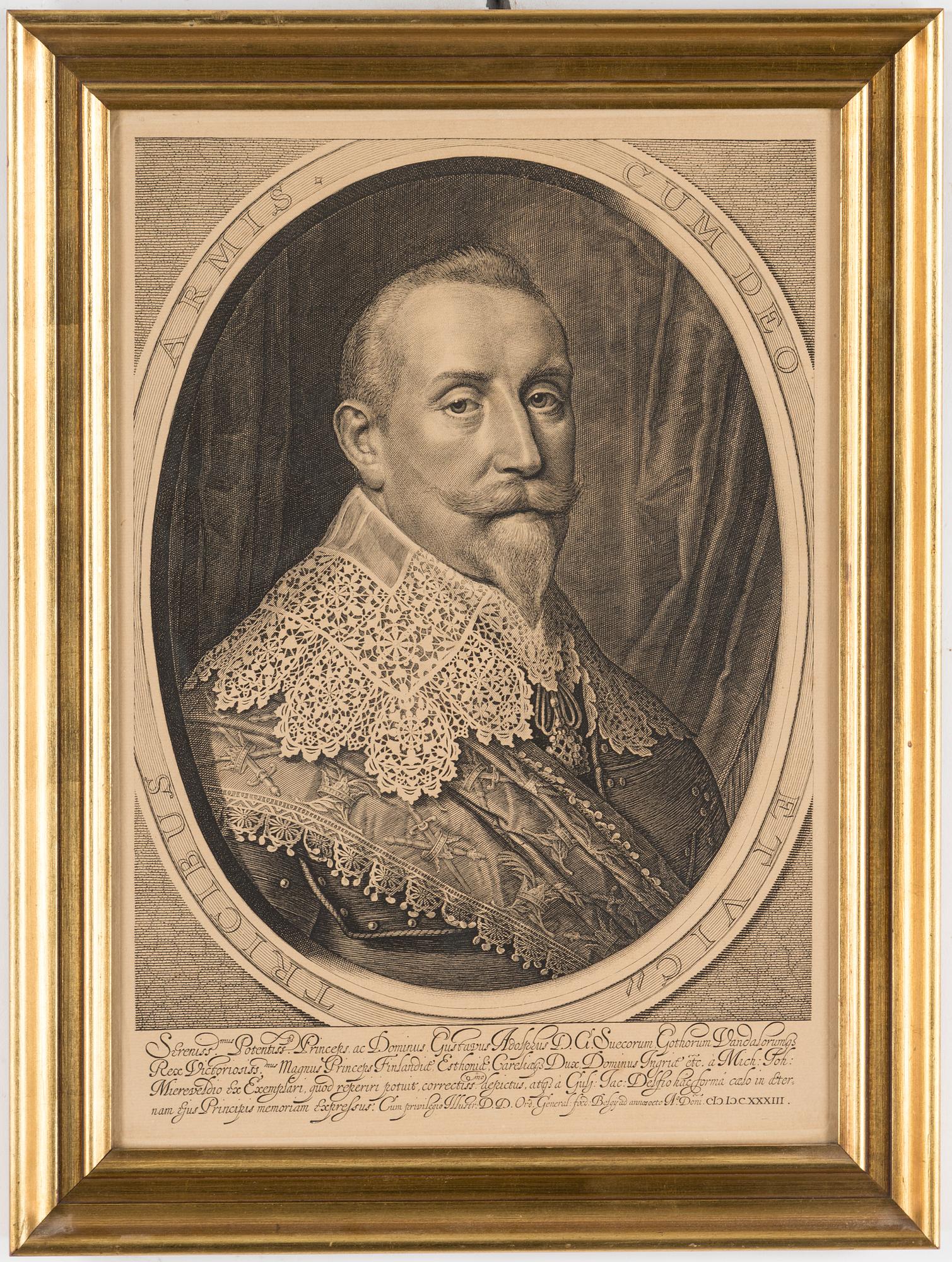 2 engravings depicting Gustavus Adolphos II and the Chancellor Axel Oxenstierna.