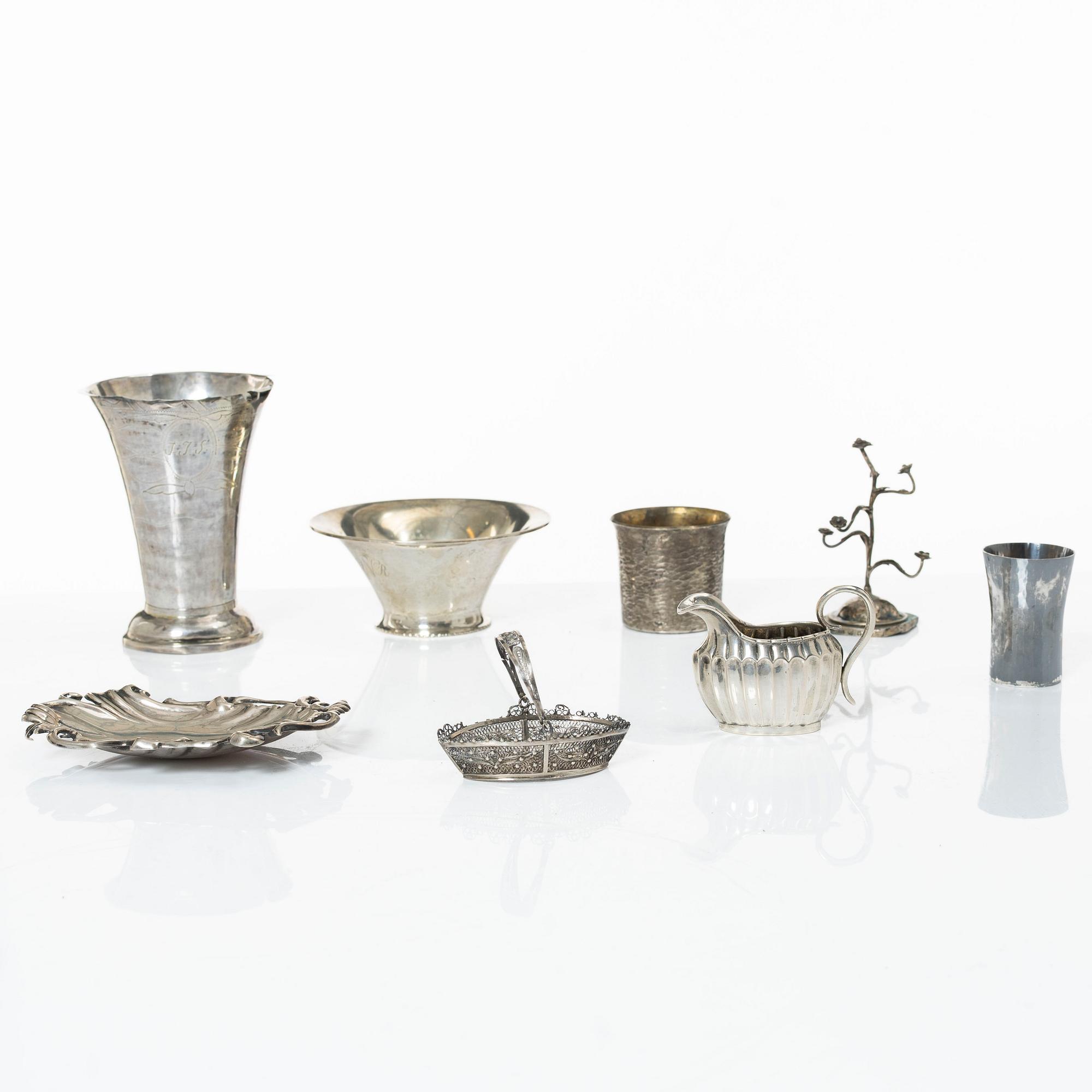 Three cups, dish, basket, jug, bowl, and ring holder, silver.