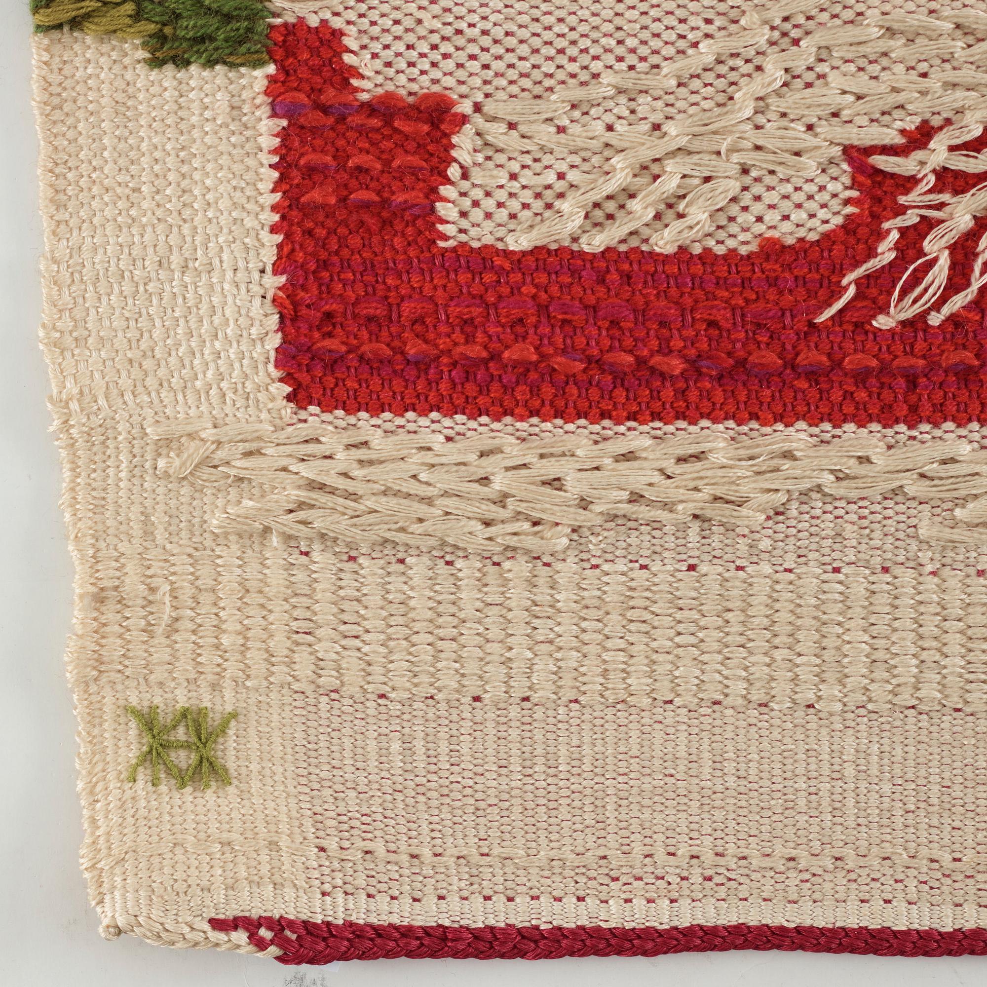 Kaisa Melanton, vävnad, slätväv, detalj ur bildvävnaden "Ibland har jag svårt att hålla mig ren", ca 81,5 x 47-49,5 cm, signerad HAV KM.