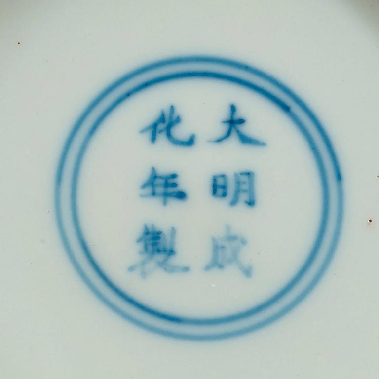 A doucai dish, presumably Republic (1912-1949), with Chenghua six character mark.