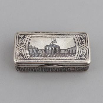 A Russian parcel-gilt silver niello box, unidentified makers mark, Moscow 1888.