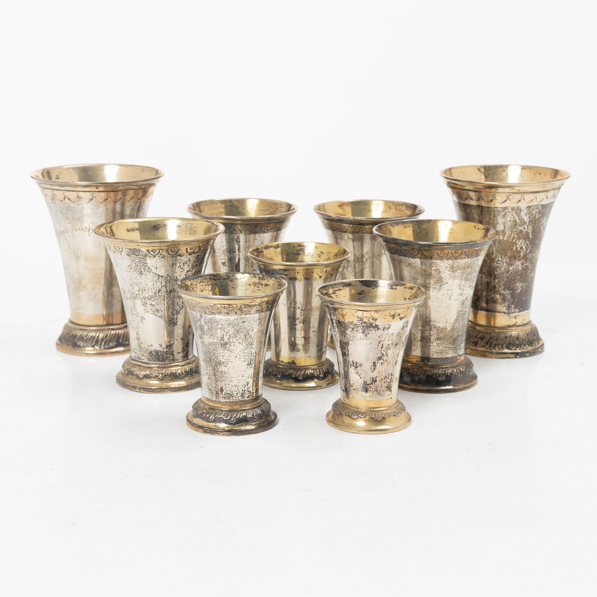 Bägare, 9 st, silver, KG Markströms, Uppsala 1905-1918.