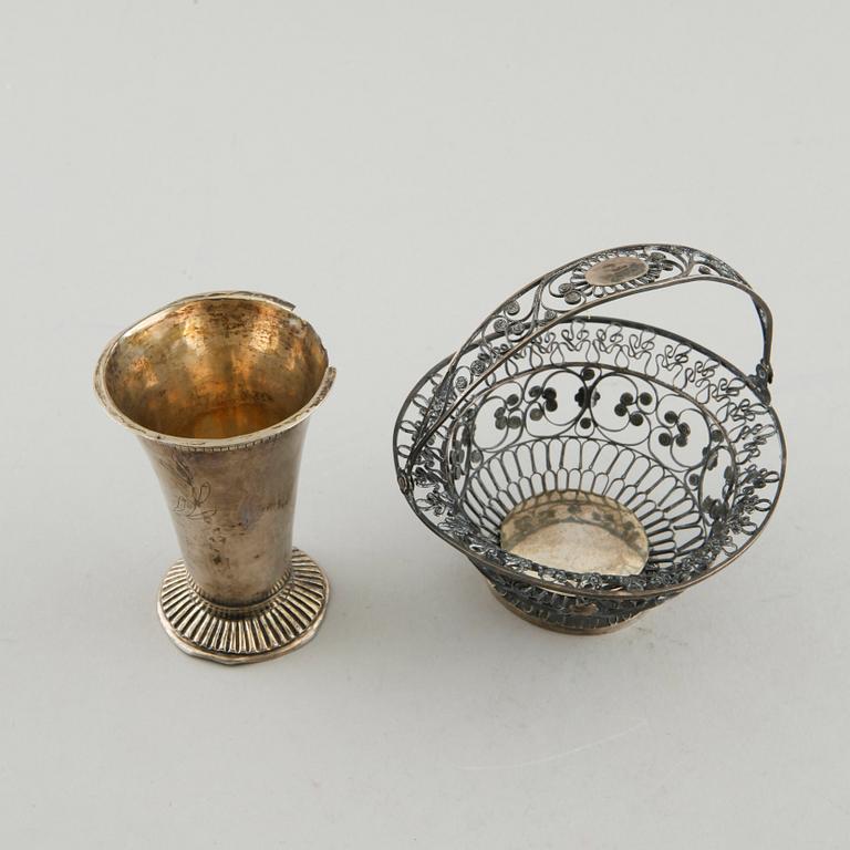 A silver box, a beaker and a basket, partly Sweden, 19th century.