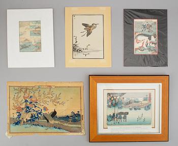 Five coloured woodblock prints, including after Hiroshige, Japan, 19th/20th century.