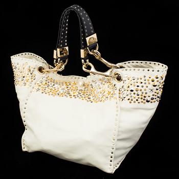 A white leather bag from Jimmy Choo.