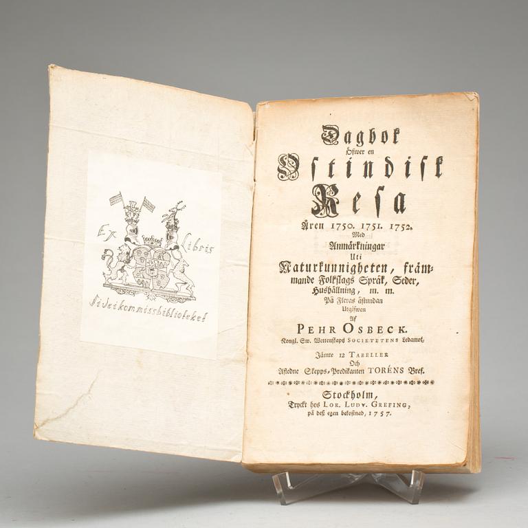 BOK, "Dagbok Öfwer en Ostindisk Resa Åren 1750. 1751. 1752" av Pehr Osbeck, Stockholm 1757.
