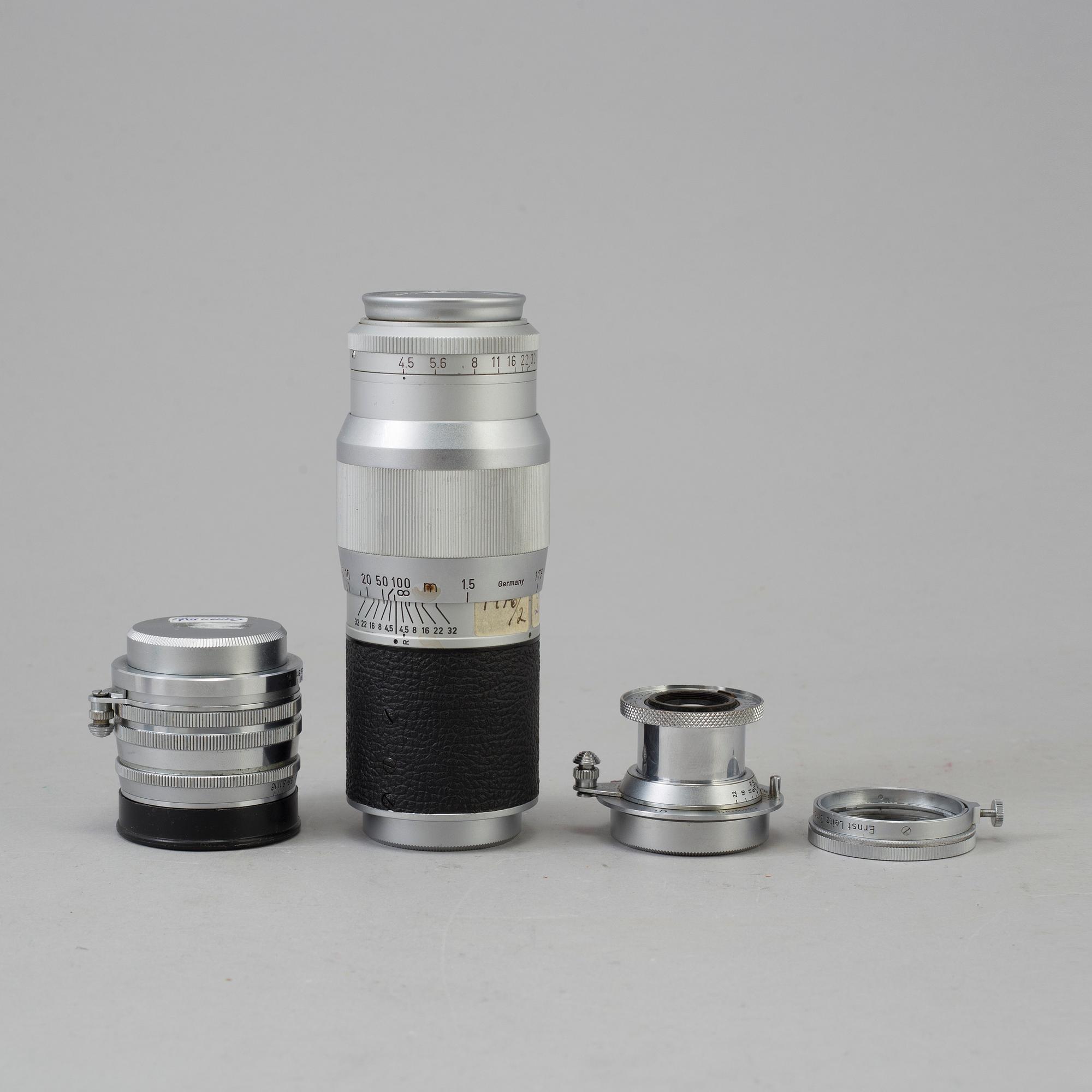 Hektor f=13.5 cm 1:4.5, Elmar f=5 cm 1:3,5, Canon 50mm f:1.8 from Germany and Japan.