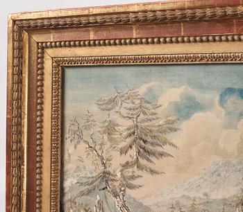 A Gustavian giltwood frame by P. Ljung (1743-1819, ornament carver in Stockholm) with a silk embroidery after Lerpinière.