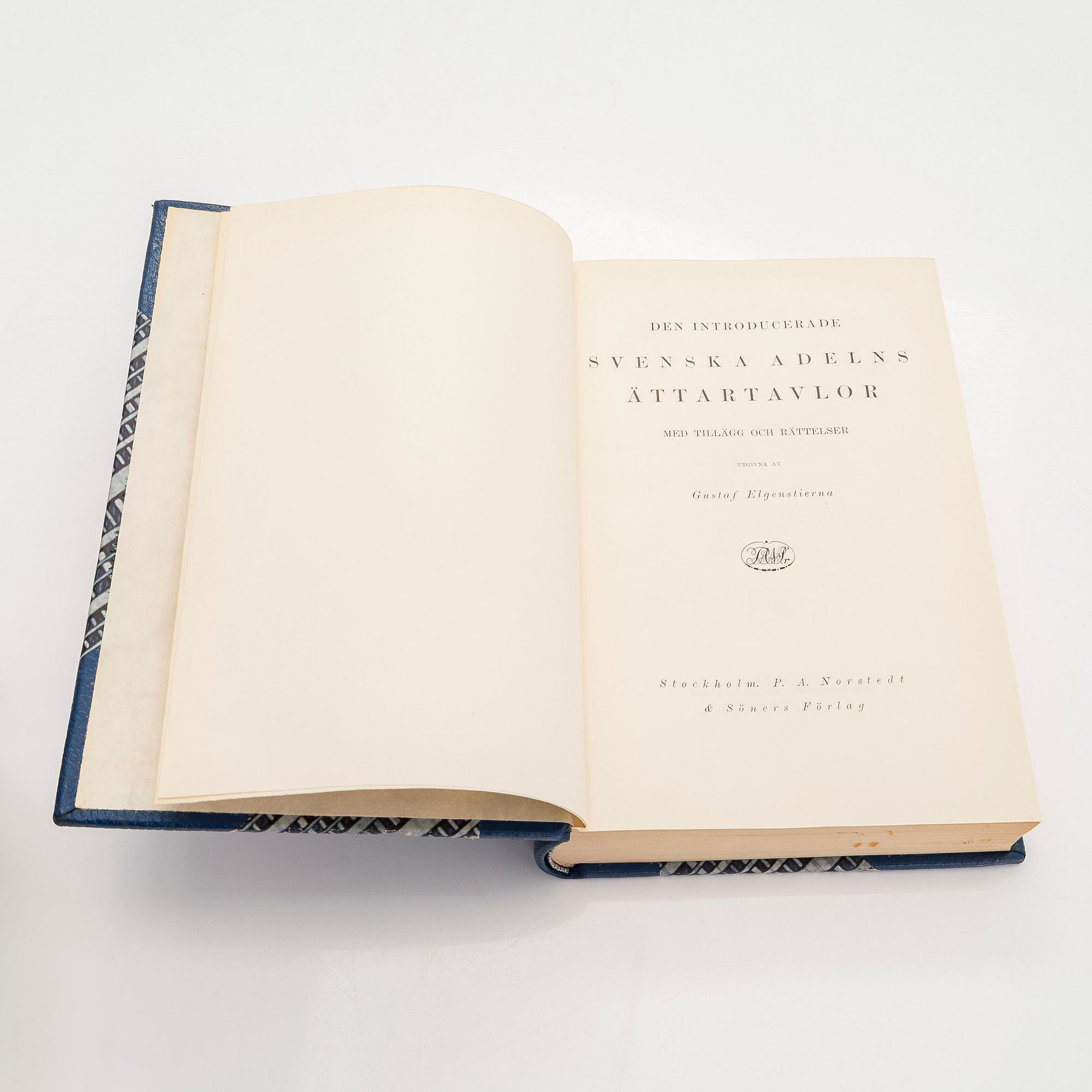 Kirjasarja, 9 nidettä, Gustaf Elgenstierna, "Den introducerade svenska adelns ättartavlor". 1925-1936.