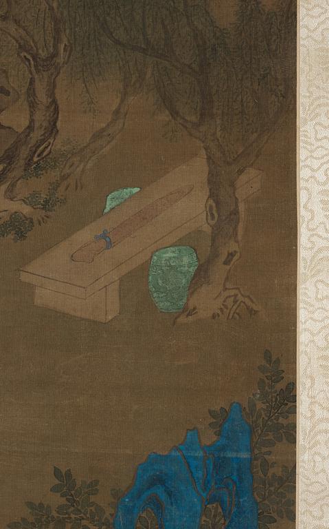 A hanging scroll of a garden scenery with court-ladies and attendants, Qing dynasty, 19th century.