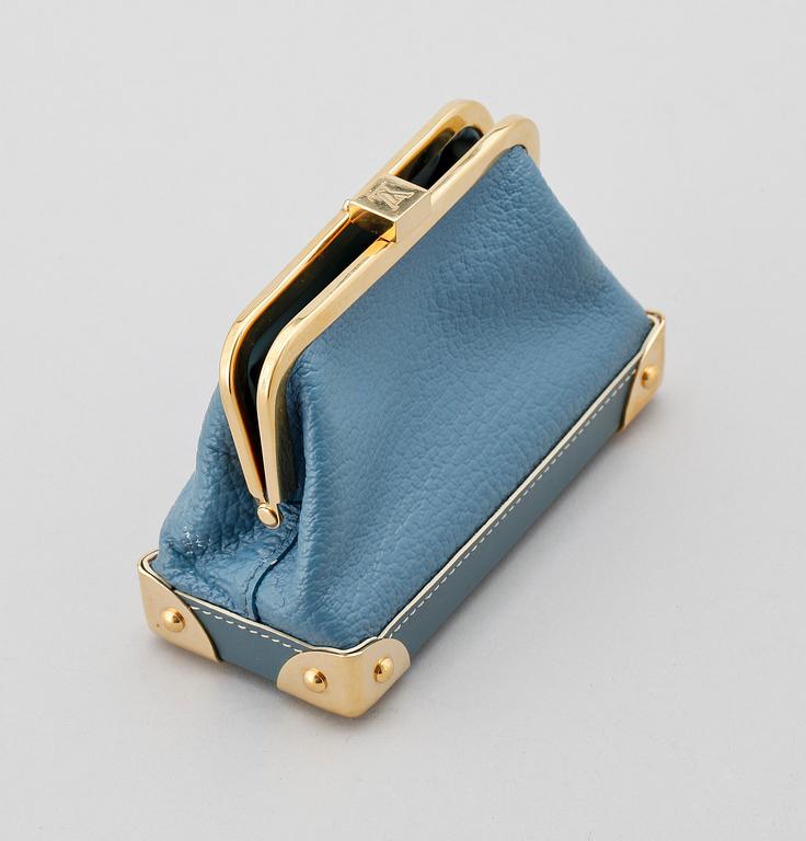 A blue leather purse by Louis Vuitton.