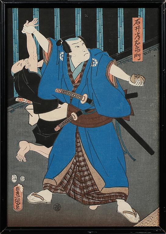 UTAGAWA KUNISADA (TOYOKUNI III), 3 st, tillskrivna, träsnitt, signerade i tryck.