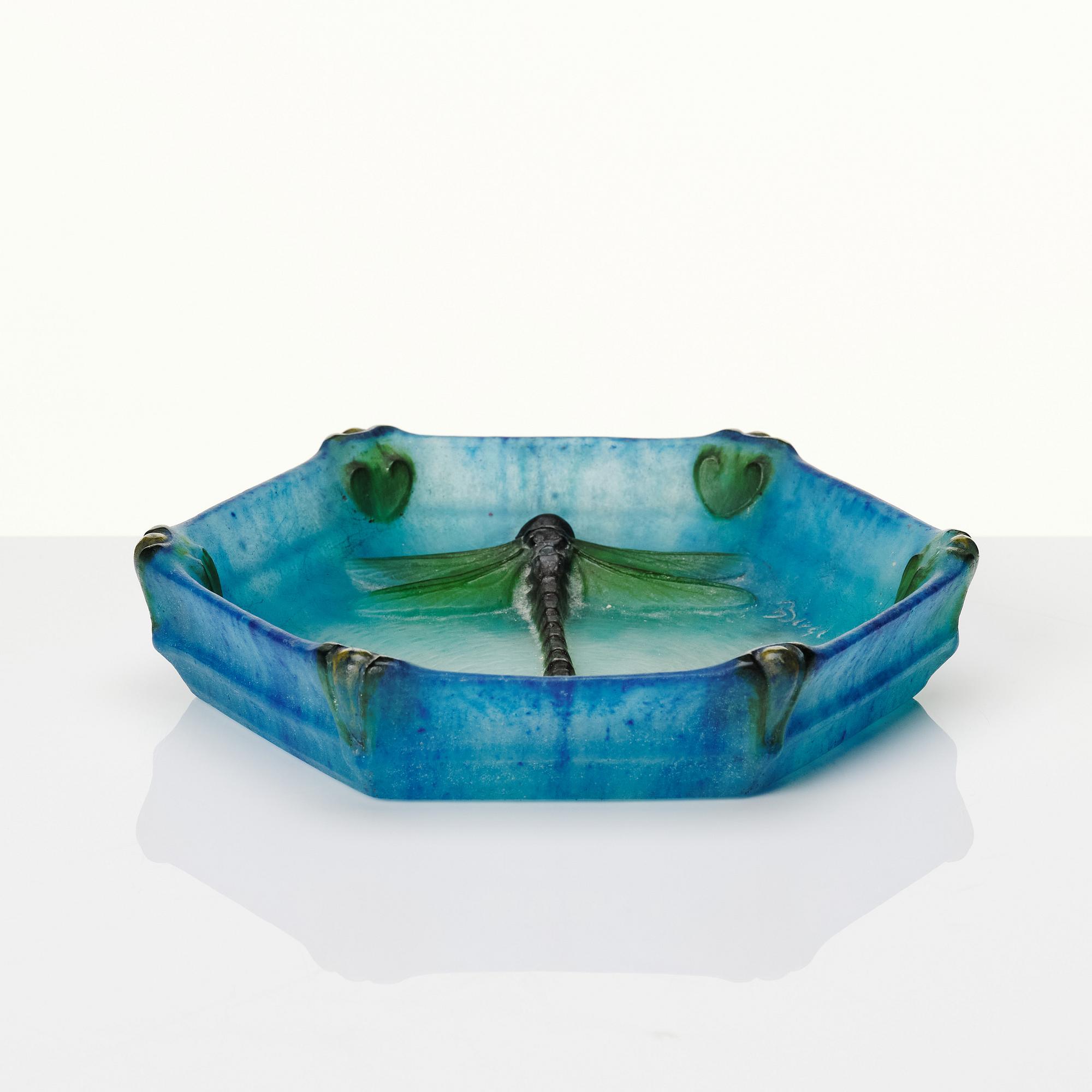 Amalric Walter & Henri Bergé, a pâte de verre dish with a dragonfly, Nancy France 1920s.