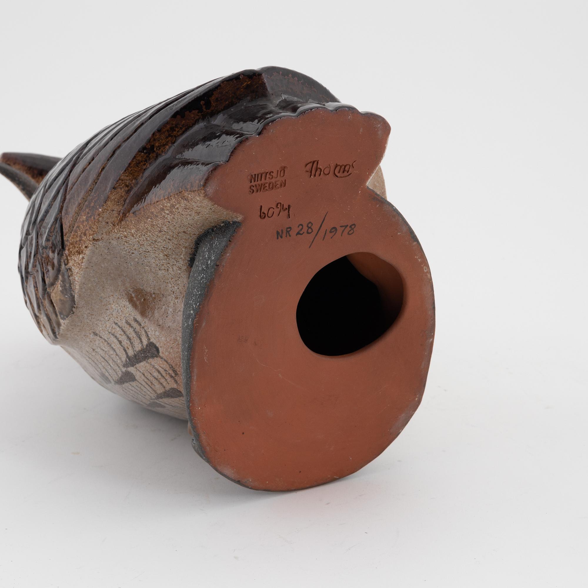Thomas Hellström, a ceramic sculpture of an owl, Nittsjö, signed.