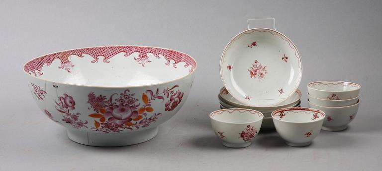 BÅLSKÅL SAMT KOPPAR MED FAT, 5 st, porslin, Kina 1700-tal.