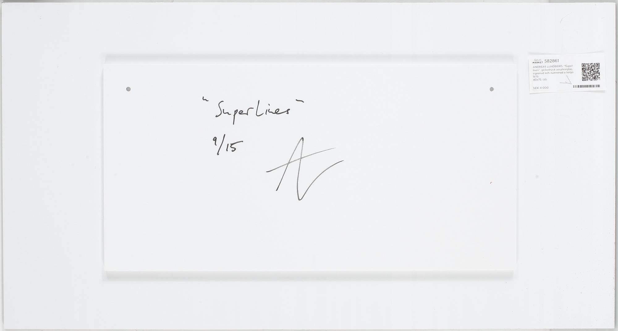 ANDREAS LUNDBERG, "Super lines", gicleetryck på plexiglas, signerad och numrerad a tergo 9/15. 
40x75.