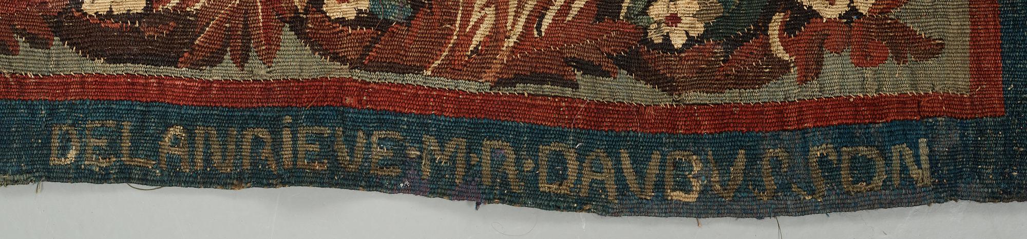 A TAPESTRY, tapestry weave, ca 299,5 x 212,5 cm, signed FOVRUIERES, 
DELANRIEVE.M.R.DABUSSON, Aubusson 17th century.